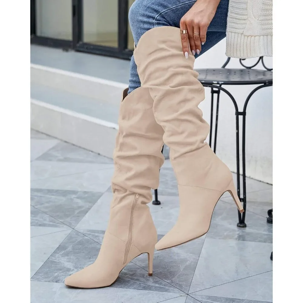 Womens Faux Suede Beige Knee High Almond Toe Side Zipper Stiletto Heel Booties